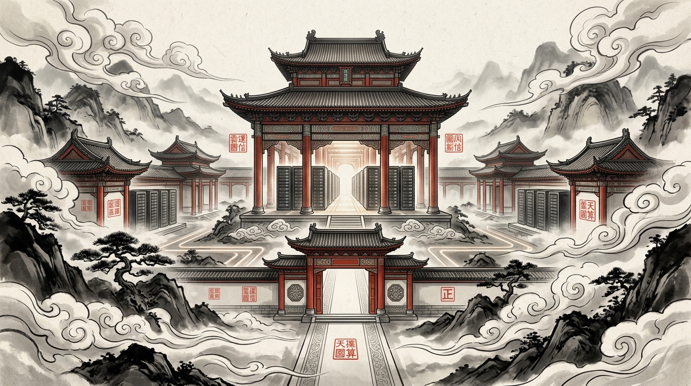新华云政企可信网络架构 - 朱砂印章与现代数据中心云雷纹概念图